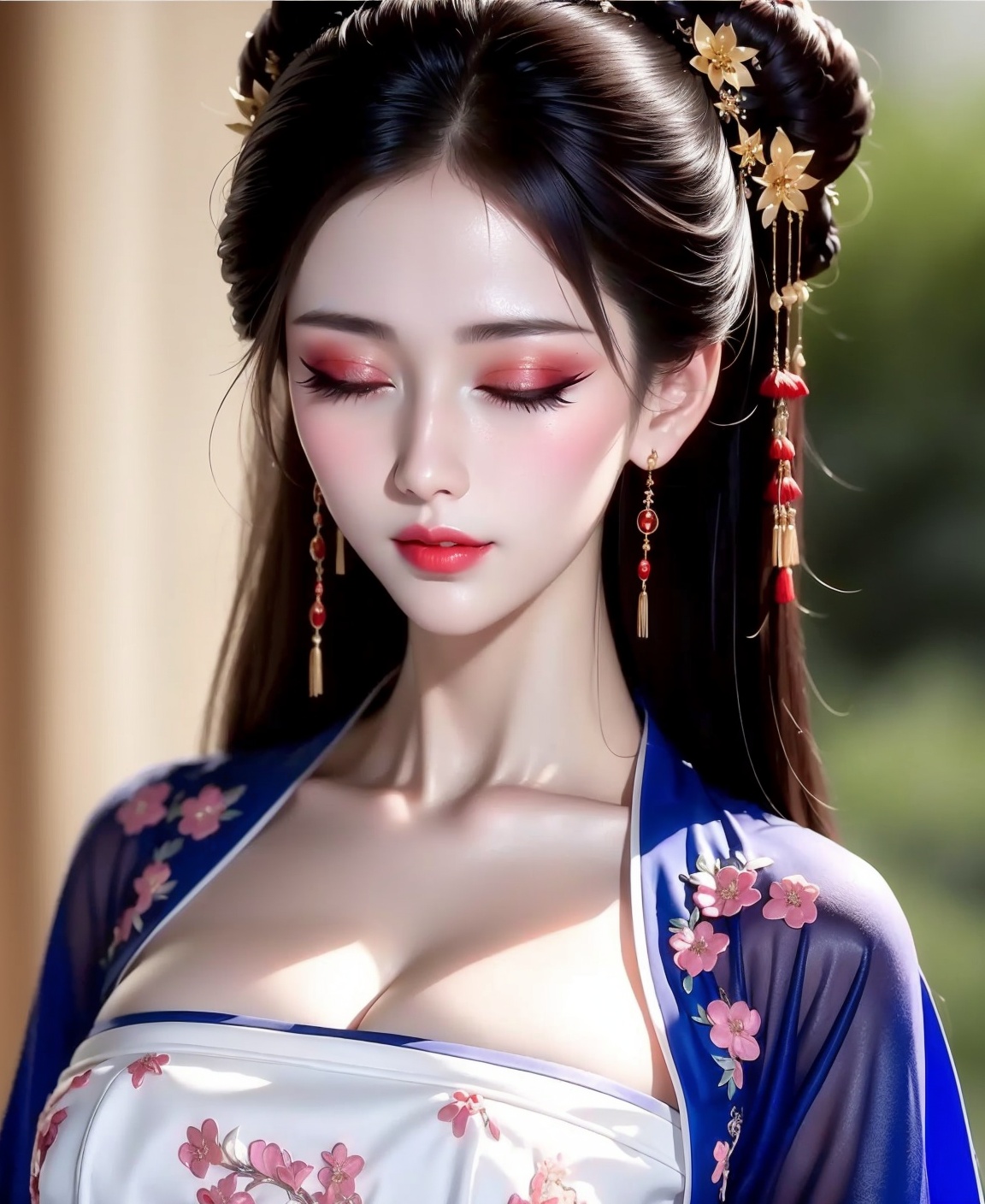1 girl, Diamond earrings ,,, Moisturizing red lips，Heavy makeup eye shadow，with heavy makeup, hair ornament, flower, , black hair, closed eyes, ,, , hair bun, ,，transparent，embroidery，jewelry, , , bracelet,，solo，，dress，Colorful Wisteria Garden ，chest，cleavage，Hanfu，Upper half photo，，close-up ，   <lora:汉服AI 1.2:1>