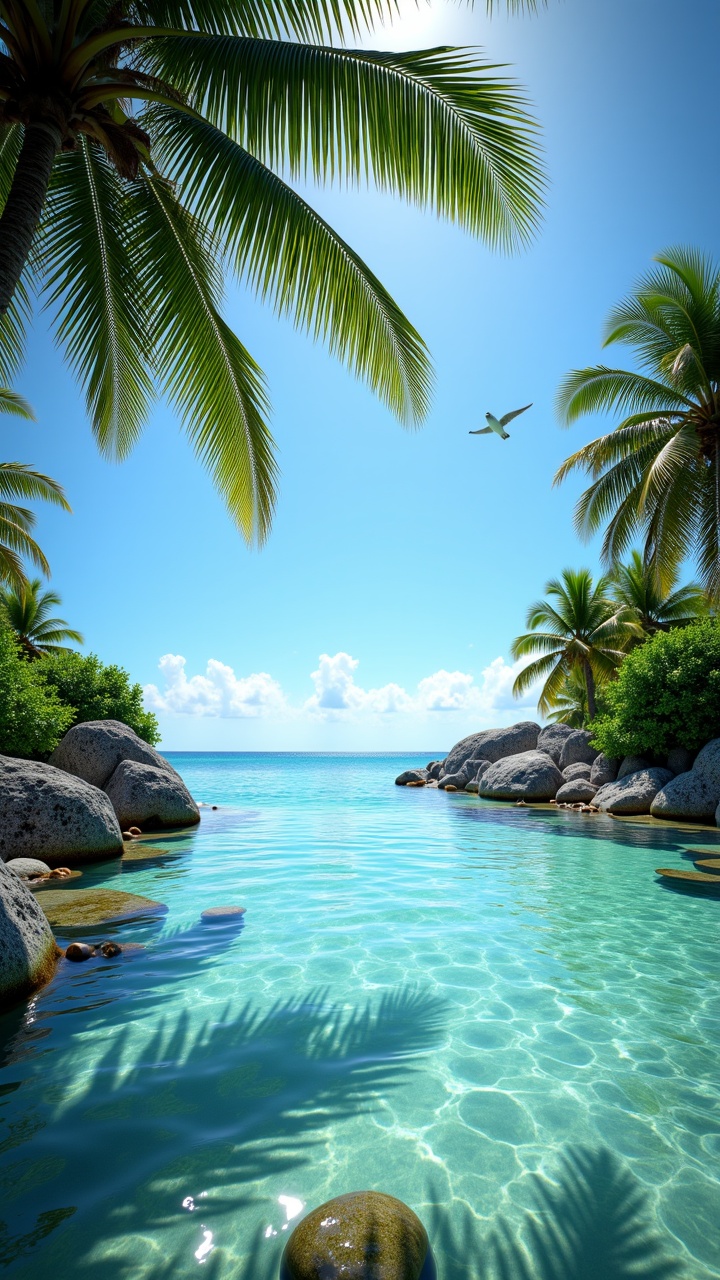 photograph,  landscape of a The crystal-clear waters of the Caribbean Sea shimmer in the sunlight,  dotted with palm trees...