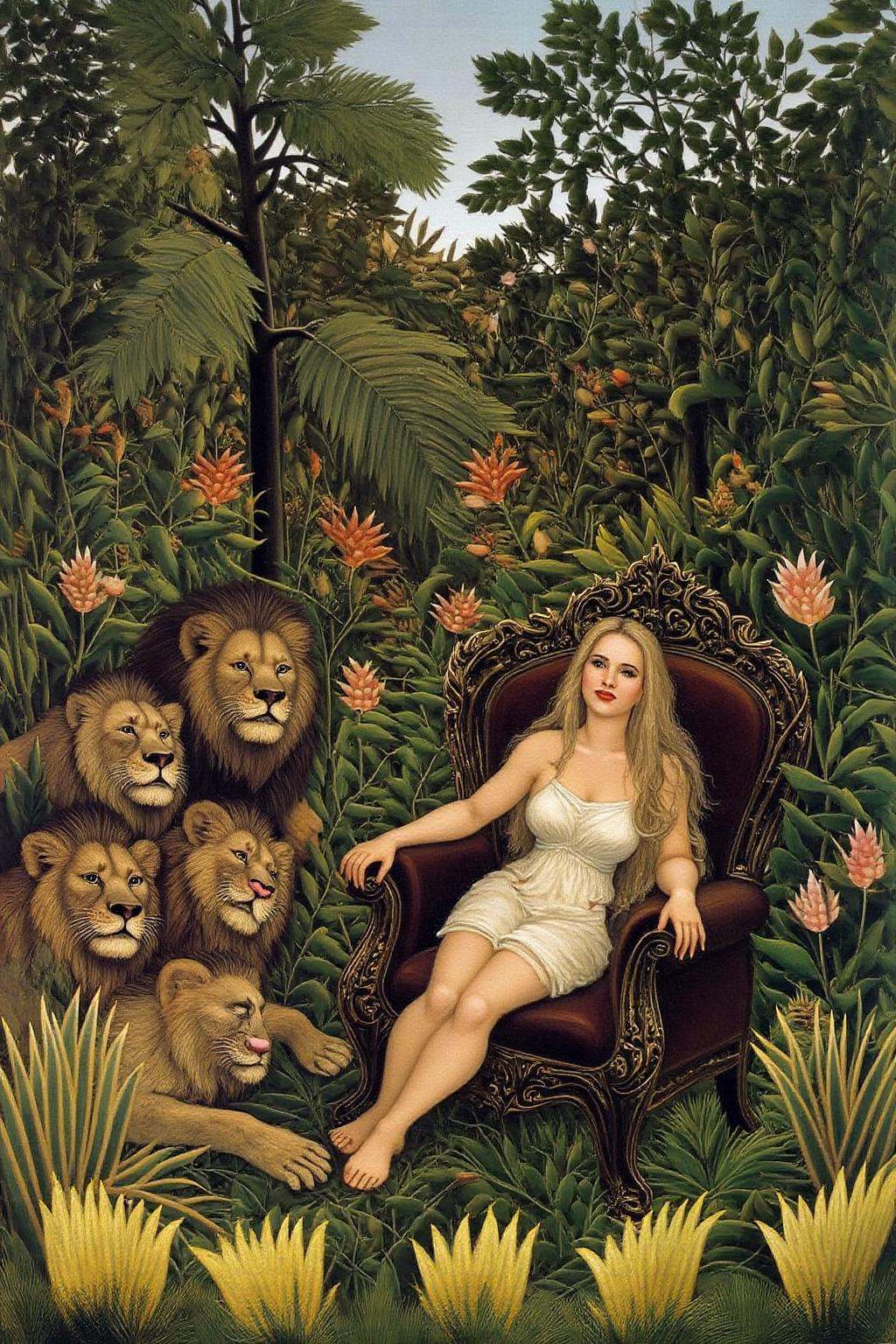 henrou1 paintingThe scene depicts a lush,  vibrant jungle setting with a variety of exotic flora and fauna. In the foregro...
