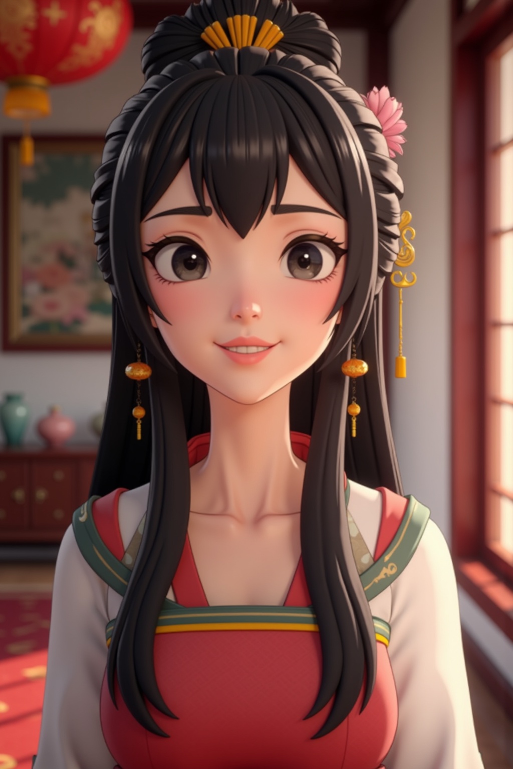 3D style,A girl with long black hair and black eyes is smiling in the room wearing Chinese clothes,