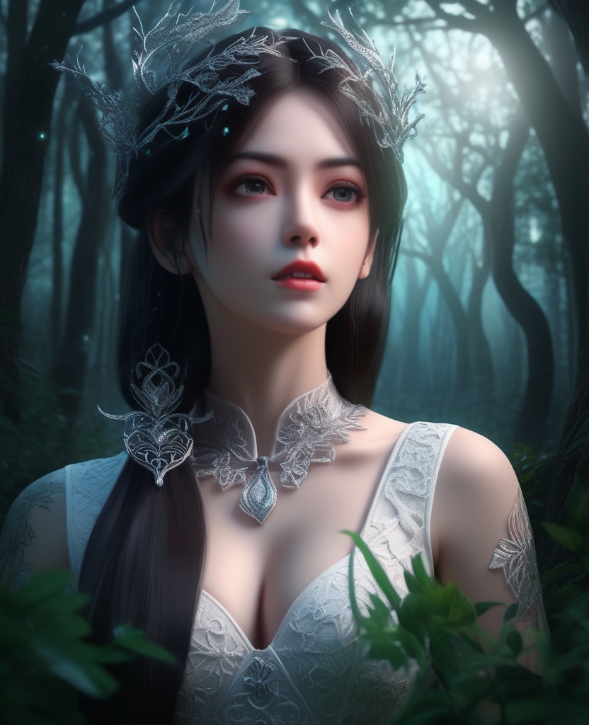 <lora:843-DA-XL-元龙-宋嫣:0.8>, (,1girl, ,best quality, ),,  ,ultra realistic 8k cg,(masterpiece:1.2),(best quality:1.2),(ultra detailed:1.2),(official art:1.3),(beauty and aesthetics:0.8),detailed,(intricate:0.8),(highly detailed),(solo),delicate countenance,1girl,fancy,(glassy texture:1.2),(crush:1.2),8k,accessory,tattoo,(transparent:1.1),gown,energy encirclement,instant,in the twinkling of an eye,upper body,woman in a mythical forest, masterpiece, perfect face, intricate details, horror theme, raw photo, photo unp(cleavage),, ,