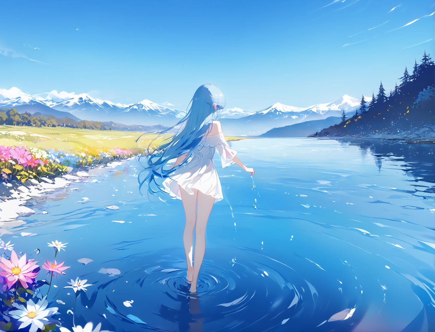 (masterpiece),(best quality),illustration,ultra detailed,hdr,depth of field,(colorful),[artist:wlop],[[artist:sheya]],artist:hiten_(hitenkei),absurdres,4K,extreme detail,panorama,high viewing angle,flower sea plain,colorful flower sea,breeze,a clear stream,shallow stream,mountains in the distance,blue sky shining on the water,rich environmental detailsA girl,blue hair,straight long hair,blue eyes,clear and bright eyes,slender figure,elf earsWearing a white simple dress,off the shoulder,bare_legs,barefoot,Walking in streams,treading water,head_down,light movements,