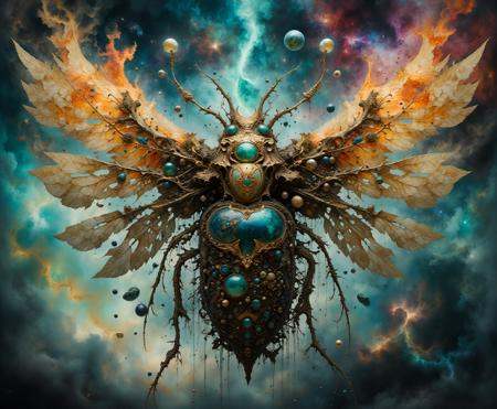 astonishingly detailed image of a whimsical bug constructed from various electronic and PC parts. The bug should have a ma...