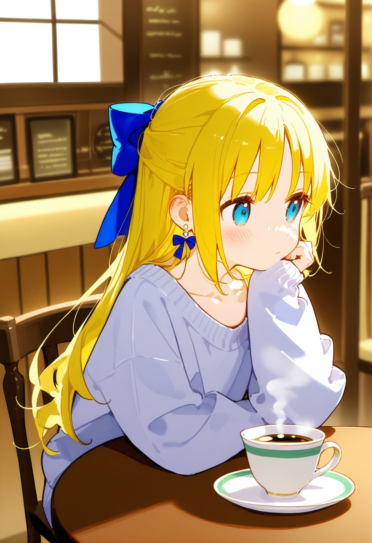 High Elite l1girl solo long hair blush bangs blue eyes blonde hair long sleeves bow ribbon jewelry sitting collarbone hair ribbon hair bow earrings indoors blurry sweater cup sleeves past wrists window depth of field blue bow chair looking away table steam half updo teacup head rest saucer coffee cafe looking outside,