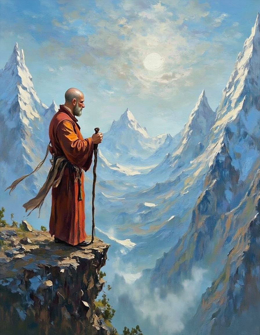 A dibrshstrk style painting,  ,  wise elder monk standing on a cliff edge on Tensor.Art