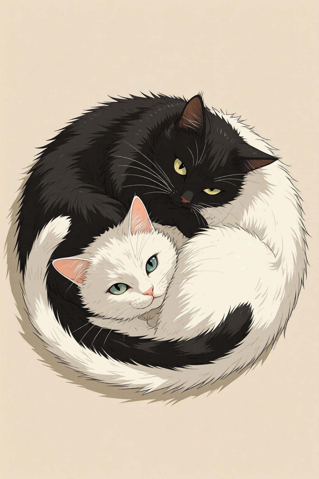 nijimix6q anime style illustration.Two cats curled up in the shape of "yin and yang" with black cat on top,  white cat bel...