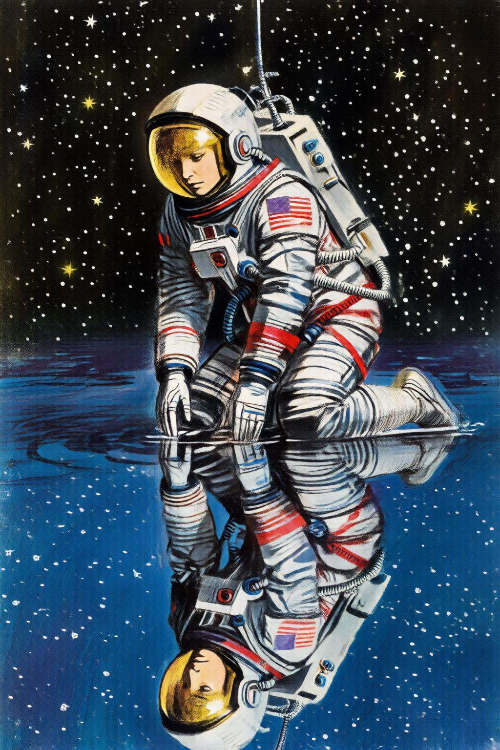giannirenna2q illustration.pascalblanche2q. An astronaut kneeling on a reflective,  water-like surface,  with her reflecti...