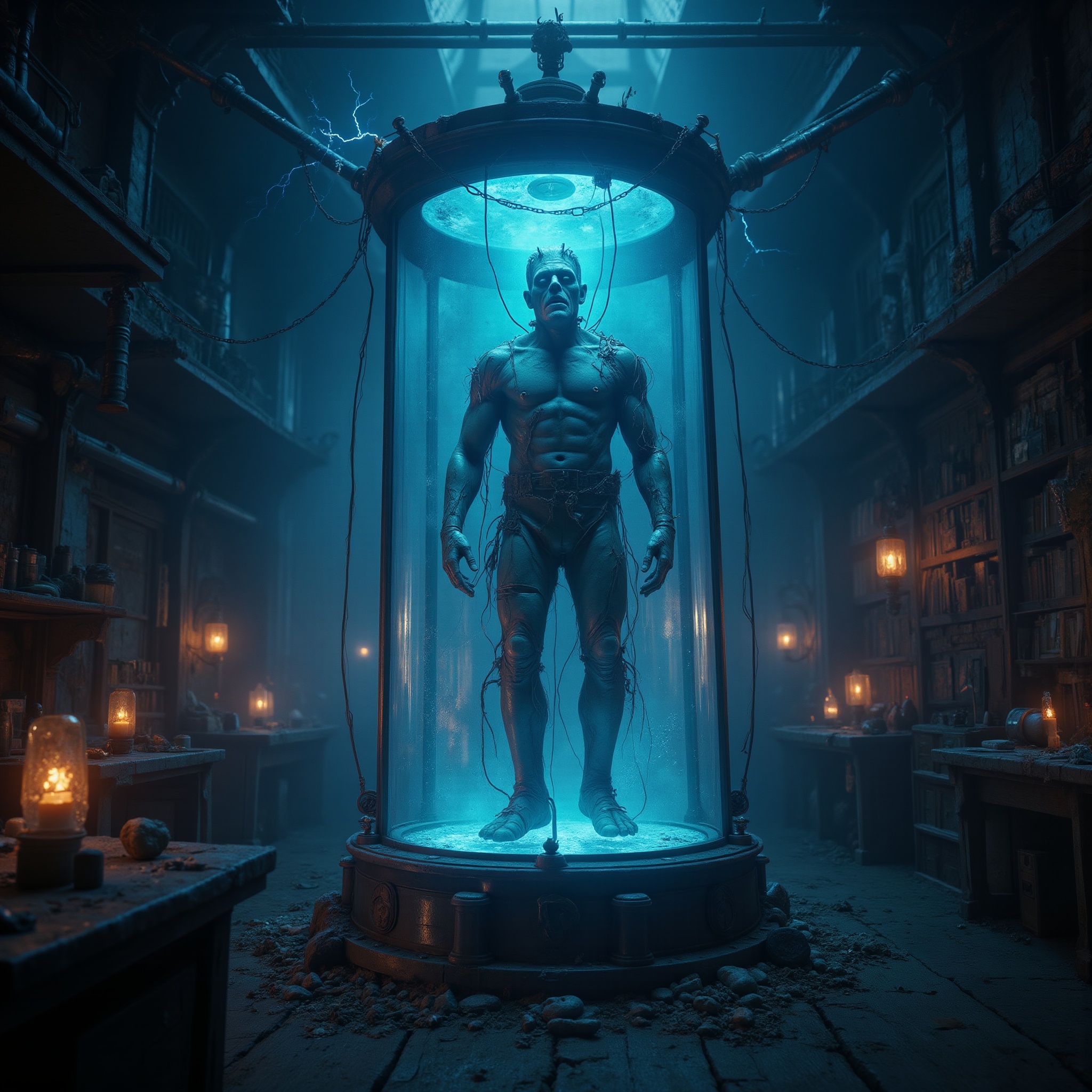 cinematic film still professional 3d model ""Depict a modernized version of Frankenstein’s laboratory,  where Frankenstein...