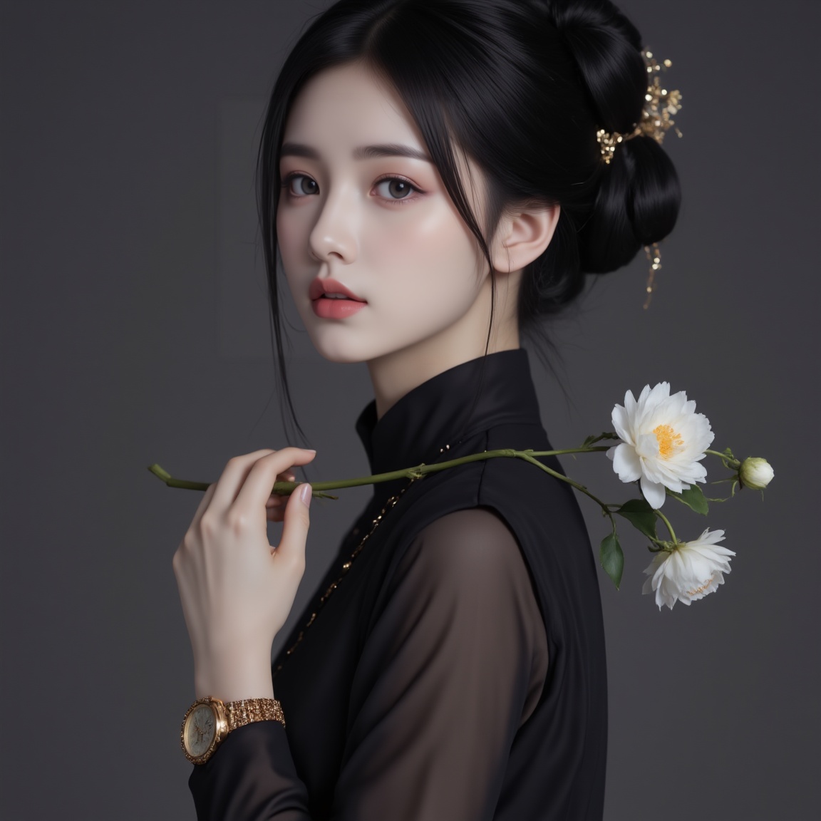 wys model style,fashion magazine about shooting,masterpiece,cover art, there is a woman in a black dress holding a white flower, a character portrait inspired by zhang shuqi, featured on cg society, cloisonnism, watch photo, palace ， a girl in hanfu, 1girl, solo, black hair, Chinese clothes, watch, black dress,<lora:极品超模V8_2.0:0.8>