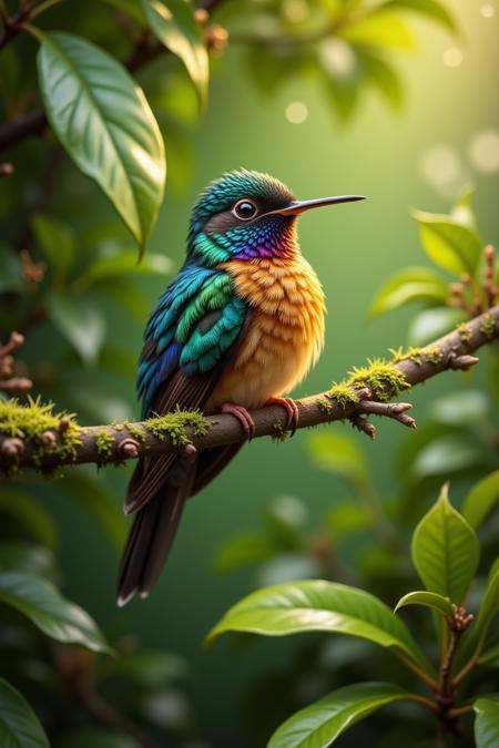 Enhanced_Lighting_and_Textures,  The image captures a vibrant and detailed depiction of a small bird,  possibly a hummingb...