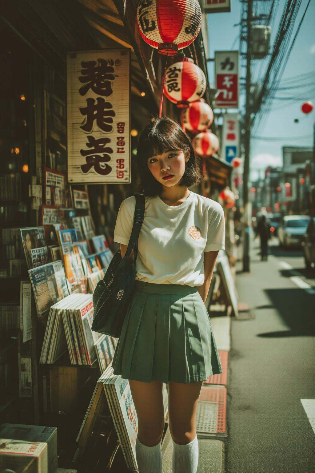 midjourneymix10q photograph.A 1980s Japanese schoolgirl stands on a street in a Japanese urban area,  facing the viewer di...