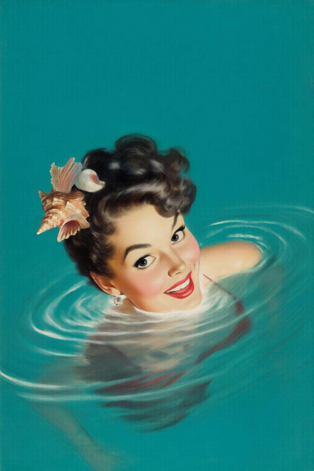 walterbaumhofer2q illustration. A woman with dark,  curly hair adorned with seashells swims,  her head above water creatin...