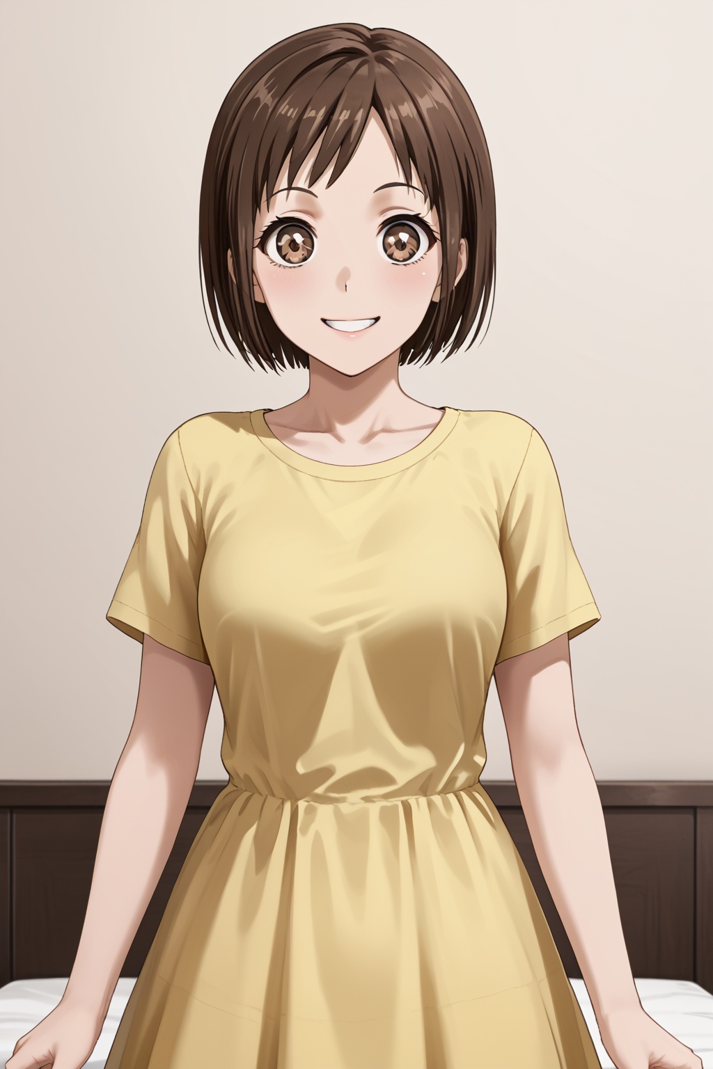 Hazawa Tsugumi,smile, short hair, brown hair, brown eyes, bob cut, bangs<lora:羽泽鸫:0.8>