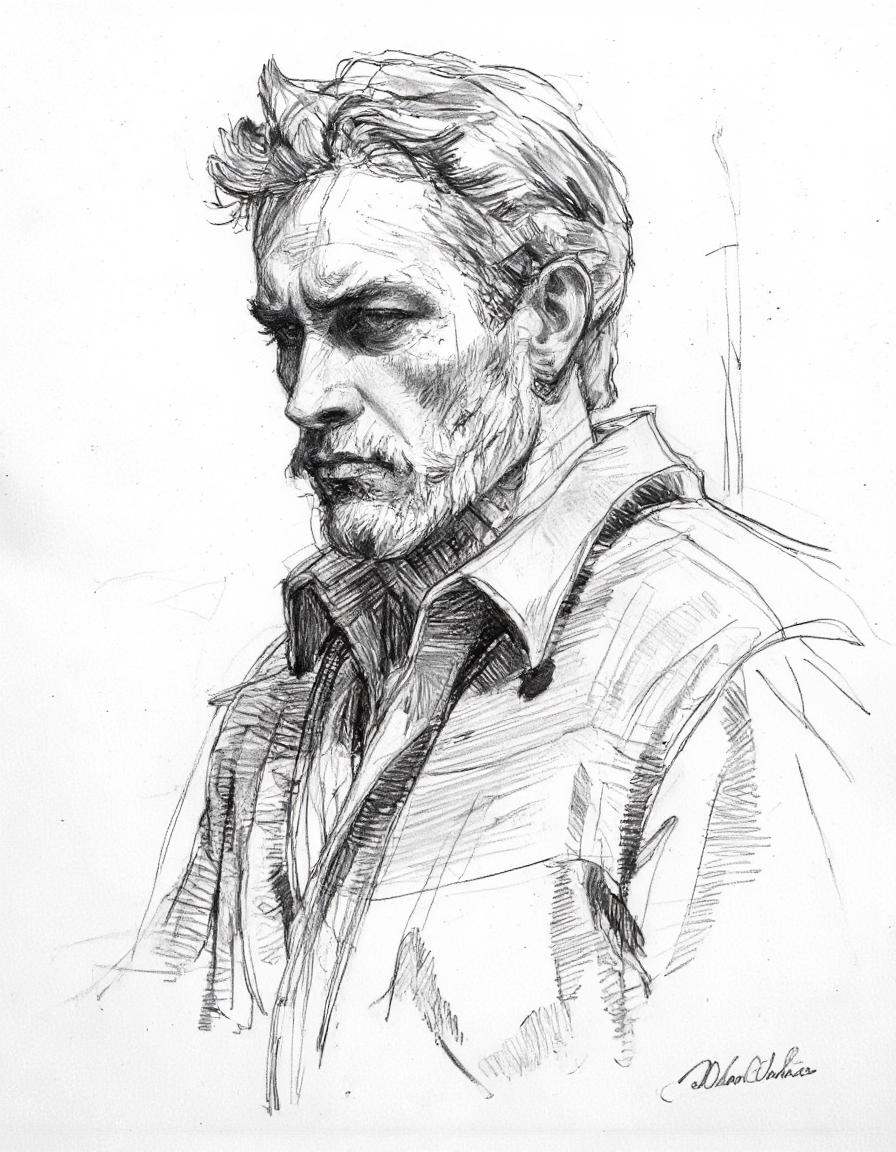 This image is a black and white pencil drawing of a man's head and shoulders,  rendered in a realistic,  detailed style. T...