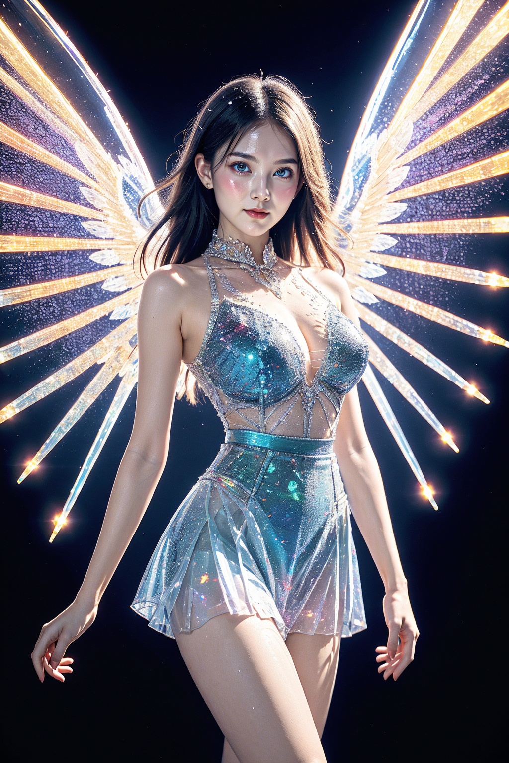 1girl, smirk, solo, multicolored  crystal and gem, long hair, (short skirt:1.5), glowing, large breasts, wings, (glowing see-through leotard:1.4), bare shoulders, (glowing light particles background:1.3),