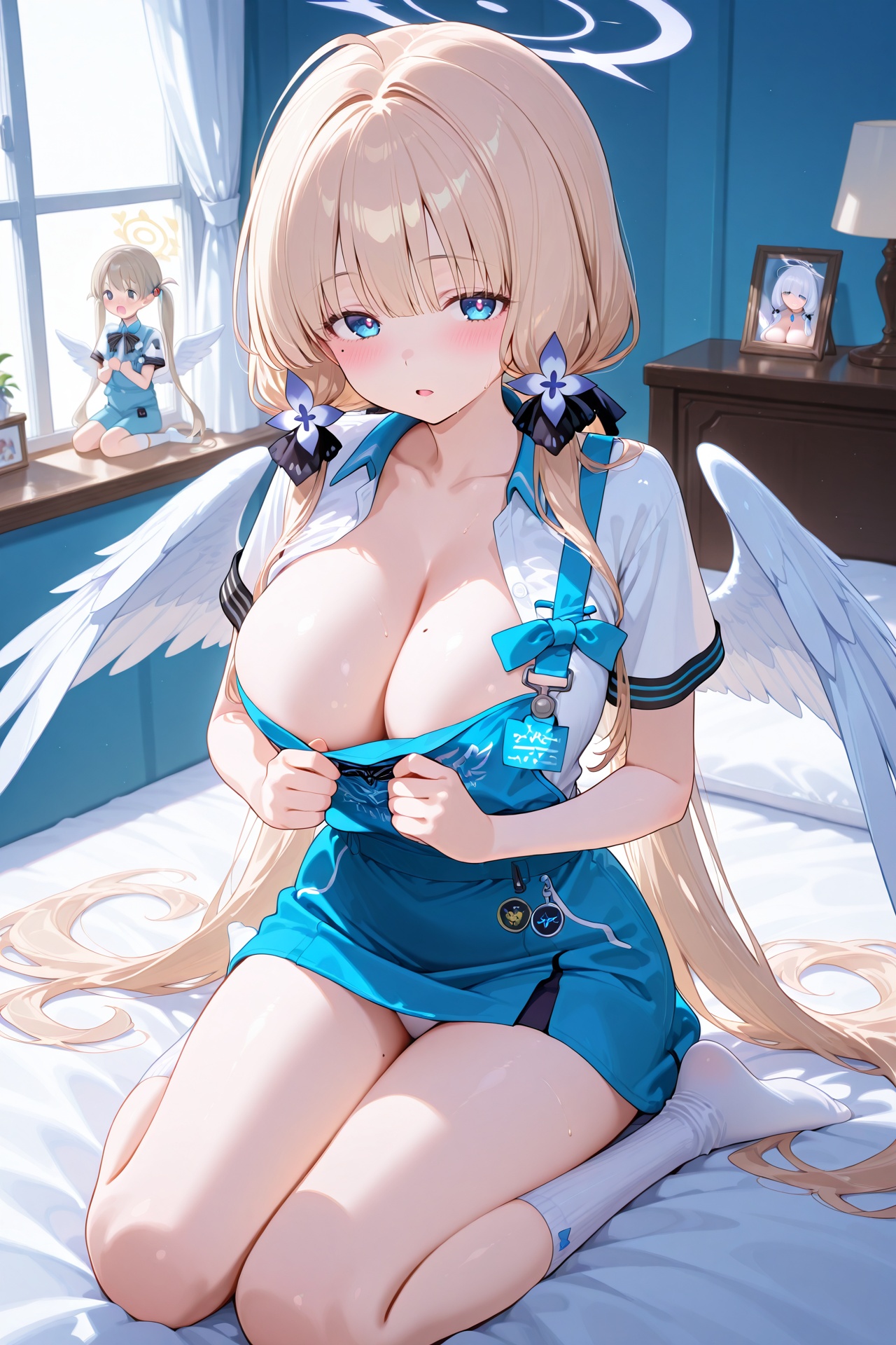 a naked woman with angle wings and halo sitting on a bed looking directly to the viewer,  long hair,  twintails on Tensor.Art