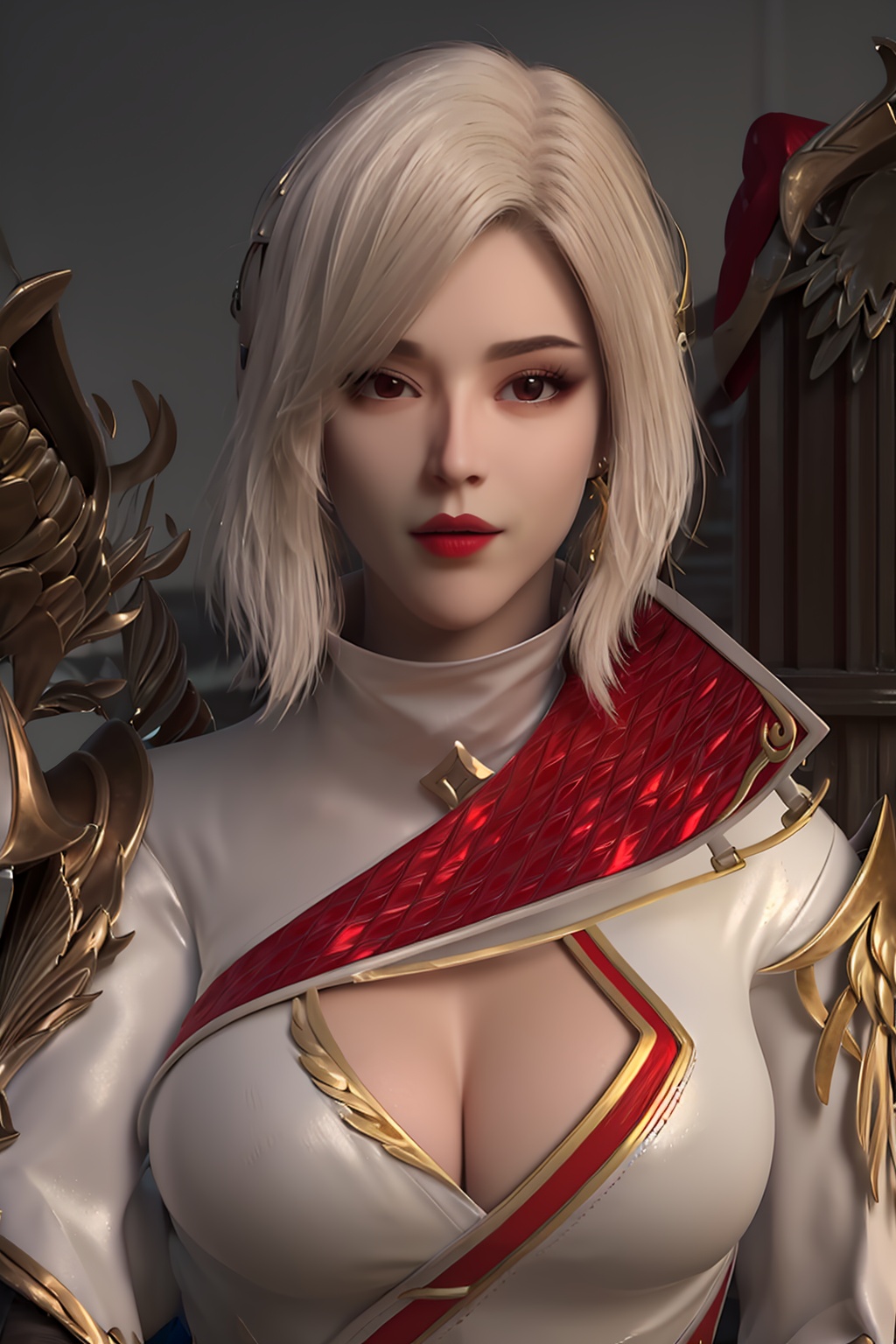 3D,masterpiece,(best quality),(makeup),official art, extremely detailed cg 8k wallpaper,((crystalstexture skin)), (extremely delicate and beautiful),(highly detailed),(face),(collar),(gold_trim),(1girl), (solo), (jewelry), (earrings),(hair),(short_hair),(hair_ornament),(handwear),(breasts),(cleavage),((portrait)),(closed_mouth),(multicolored_clothes),(multicolored_dress),(shiny_clothes),(city,outdoor),(gauntlets),(shoulder_armor),,,((looking_at_viewer)),((Facing the camera)),, <lora:hipoly3DModelLora_v10:0.3>