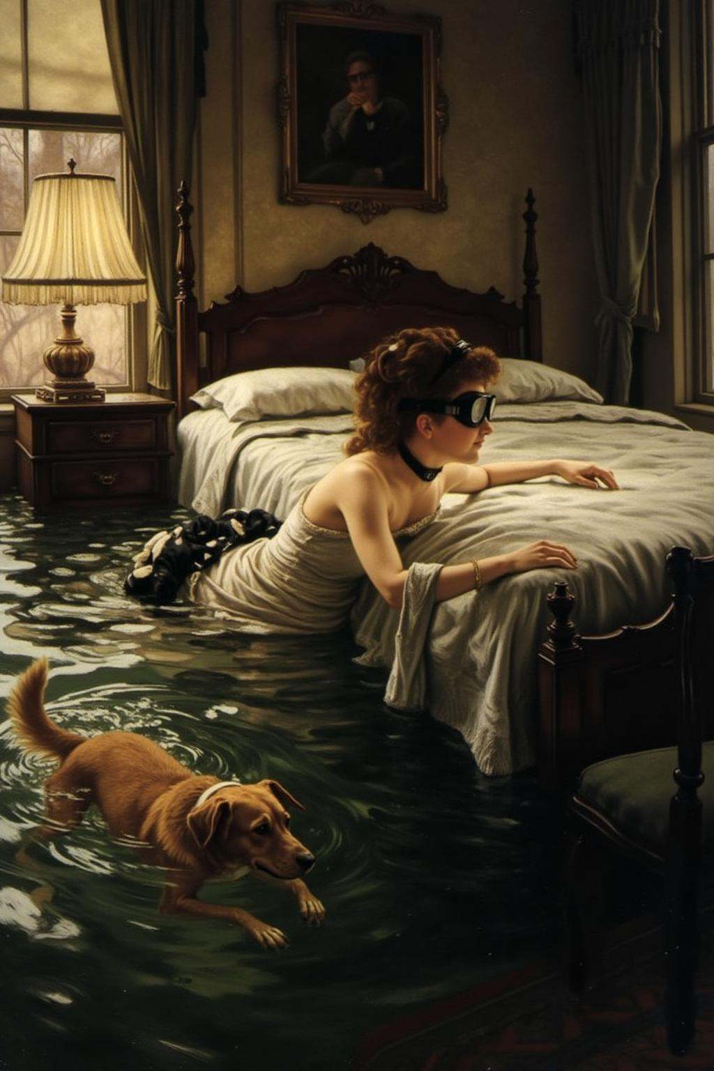 jati1 paintingA late 19th-century Victorian era scene inside elegant room. a woman and her dog swimming in a bedroom compl...