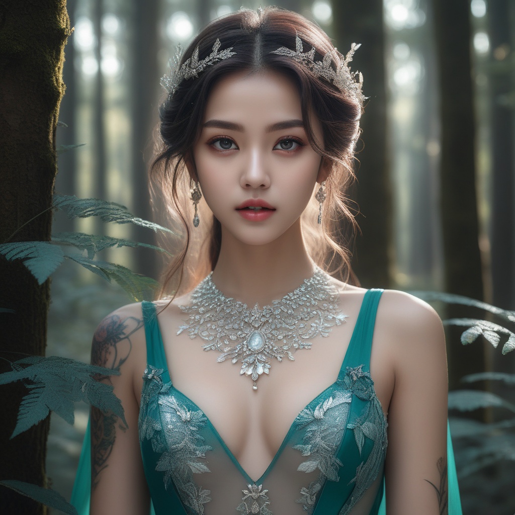<lora:836-DA-XL-朴正允-绿-B:0.8>, (,1girl, ,best quality, ),,  ,ultra realistic 8k cg,(masterpiece:1.2),(best quality:1.2),(ultra detailed:1.2),(official art:1.3),(beauty and aesthetics:0.8),detailed,(intricate:0.8),(highly detailed),(solo),delicate countenance,1girl,fancy,(glassy texture:1.2),(crush:1.2),8k,accessory,tattoo,(transparent:1.1),gown,energy encirclement,instant,in the twinkling of an eye,upper body,woman in a mythical forest, masterpiece, perfect face, intricate details, horror theme, raw photo, photo unp(cleavage),, ,