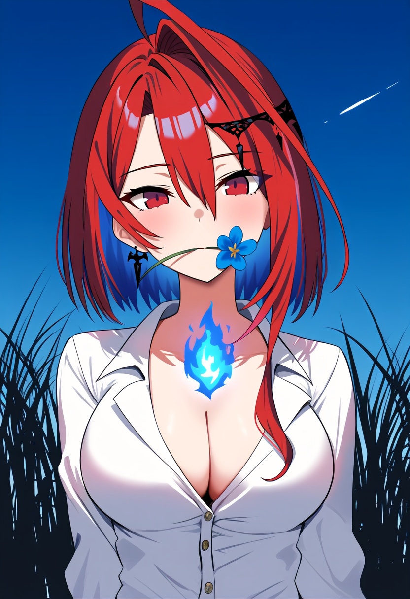 1girl, elizabeth rose bloodflame, hololive, hololive english, ahoge, alternate costume, blue fire, blue hair, breasts, cleavage, colored inner hair, fire, looking at viewer, multicolored hair, pants, red eyes, red hair, shirt, short hair, solo, virtual youtuber, white shirt, flower in mouth, mouth hold, portrait,field, tall grass, night sky, masterpiece, high score, great score, absurdres