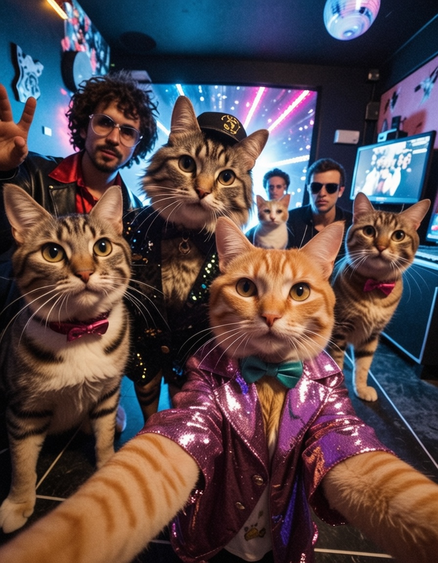 WideShot,  ,  cats dressed with 80's outfits in a disco making a selfie an looking at camera on Tensor.Art