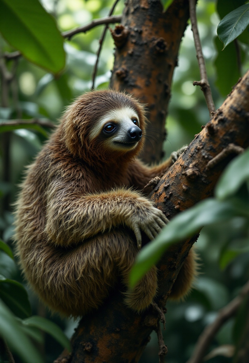 Realistic photo of a sloth in a jungle,  resting in a tree. on Tensor.Art