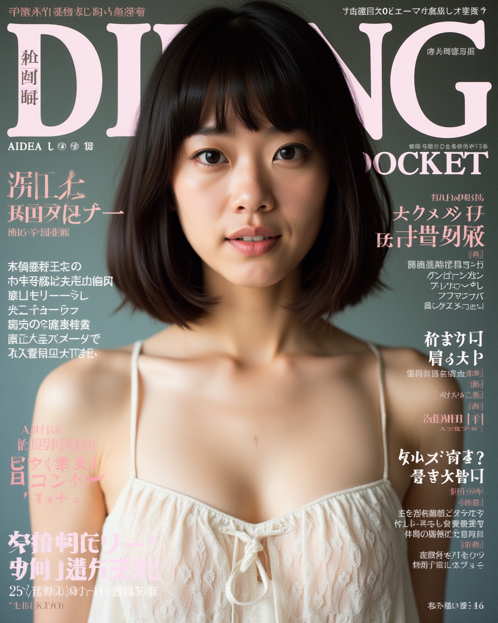 A high-quality color photograph captures a young Asian woman with small breasts. The magazine cover of a Japanese ***** vi...