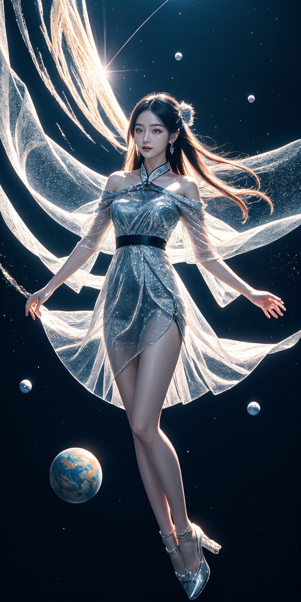 1girl, see-through white chinese clothes, off-shoulder dress, see-through short skirt, long hair, gem cyber, gem, gradient, mirror fragment, (flying on sky:1.2), space, planet, astral, light particle