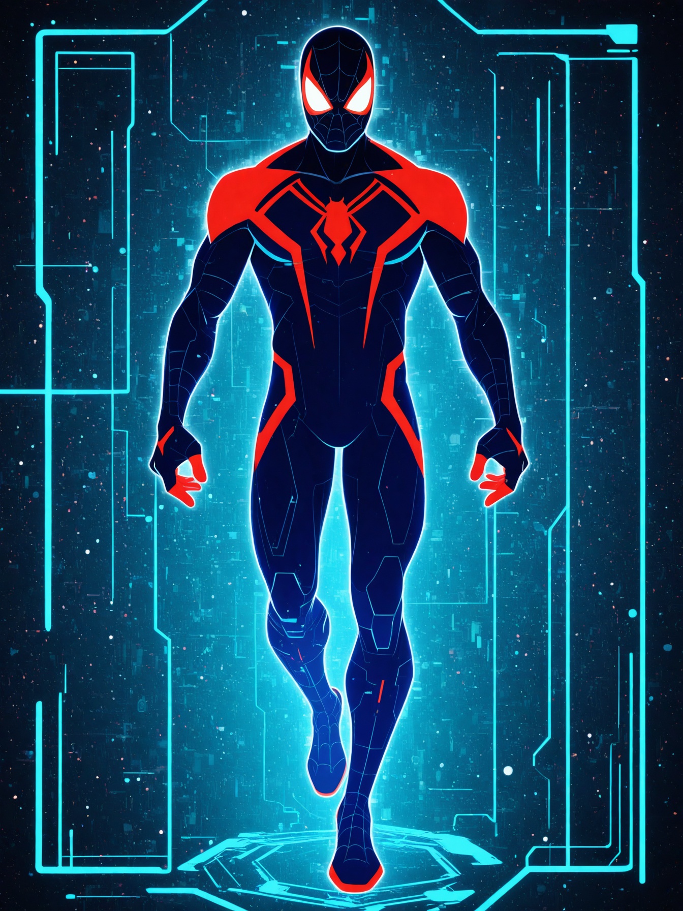 A highly stylized,  abstract-tech portrait of Spider-Man in side profile,  depicted in a futuristic on Tensor.Art