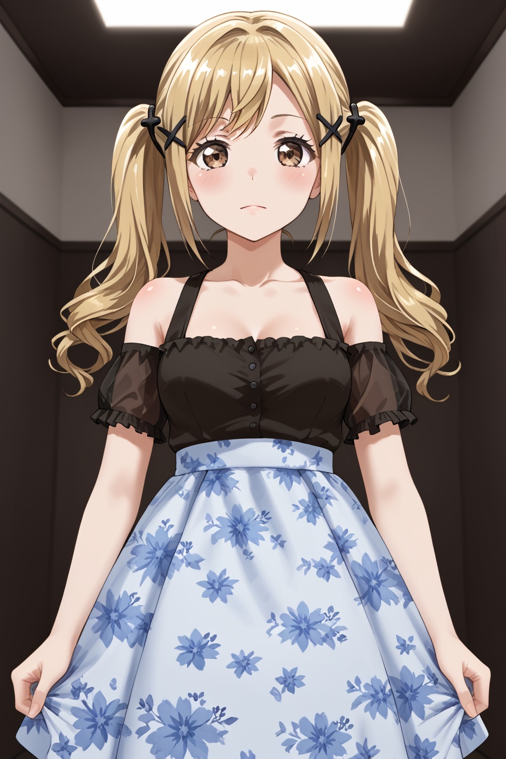 1girl,   Ichigaya Arisa,long hair,bangs,blonde hair, brown hair, hair ornament,twintails, brown eyes, sidelocks,x hair ornament,<lora:youxiao:0.8>