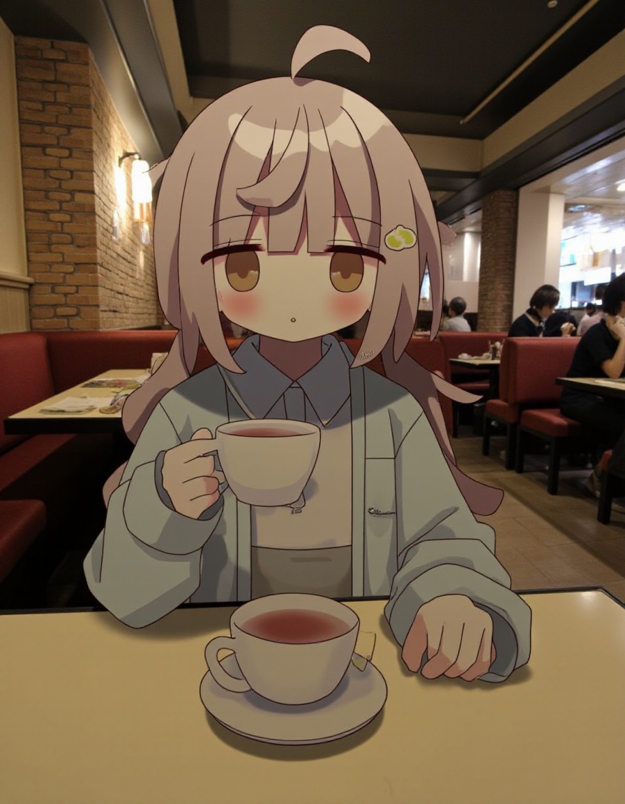1girl,.tpcyb, solo, twintails, skirt, dining table, facing the audience, in noisy restaurant, collared shirt, blush stickers, brown eyes, cup, feet out of frame, teacup, hair ornament, low twintail, closed mouth, holding, indoors, white shirt, shirt, blue jacket, holding cup, smile, sitting, brown hair, looking at viewer, long hair, jacket, positive anglemasterpiece long sleeves, tea,punch.newest, absurdres, safe<lora:tpcyb:1>​​​