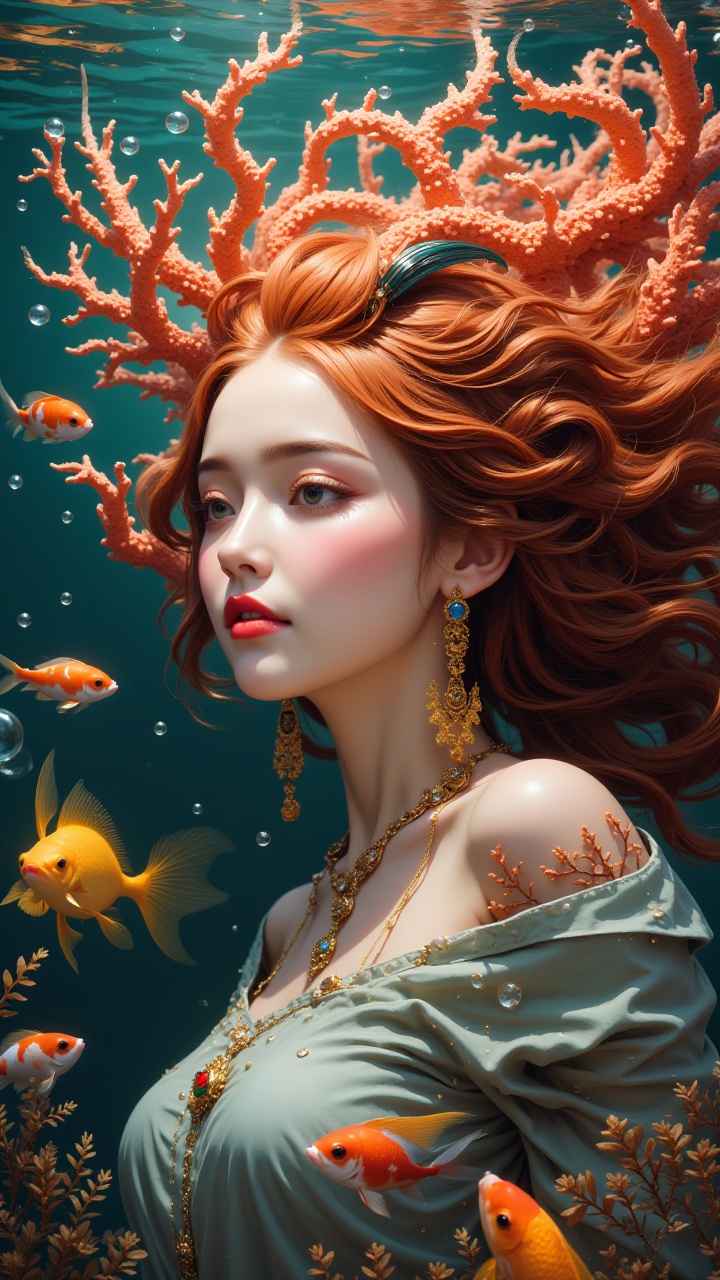 (masterpiece, best quality:1.2),Coral Girl,a woman with red hair and a fish headdress in the water with fish around her head and a fish in her hair,1girl,afloat,air bubble,animal,animal on shoulder,fish,fish on head,fish on shoulder,brown hair,bubble,caustics,earrings,face,fish,goldfish,coral,Coral branches on hair,Micro head up,Close ups,jewelry,koi,lips,long hair,on back,parrot,parted lips,red lips,solo,submerged,swimming,underwater,water,water