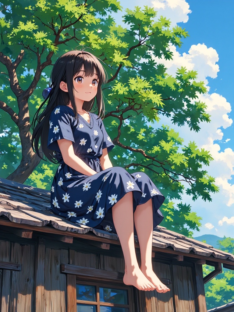anime girl,  sitting on rooftop,  sunny day on Tensor.Art