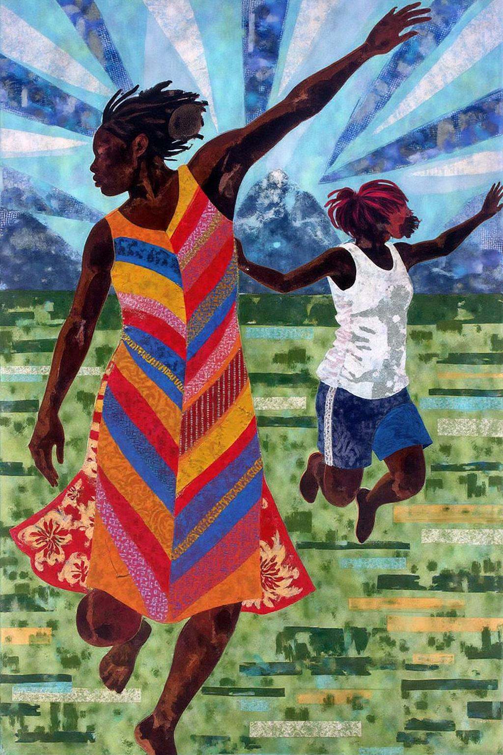 mixed media collage. a medium-sized painting captures two African-American women in a flowing flowing dress. The woman on...
