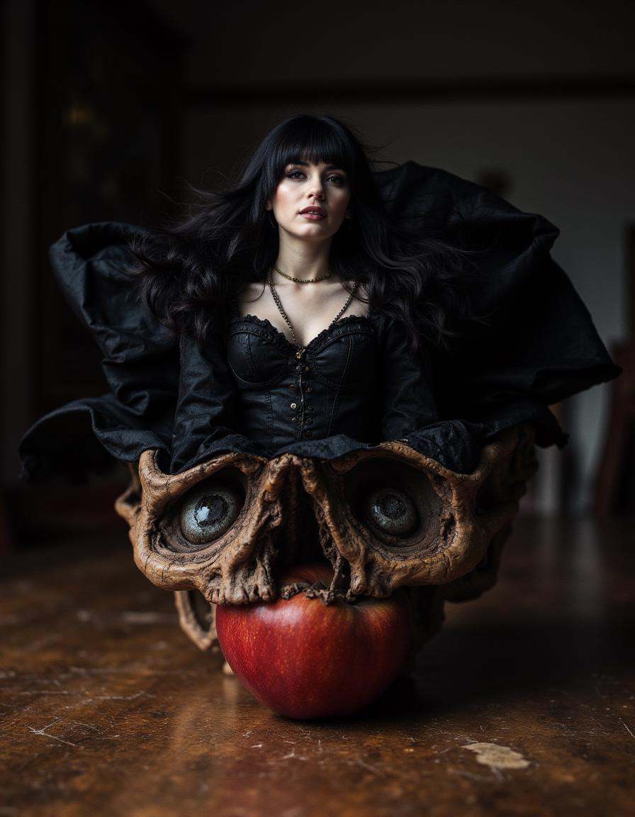At the bottom of the image is an apple on a table,  [a skull:5],  insanely detailed and intricate. Photoshopped into the t...