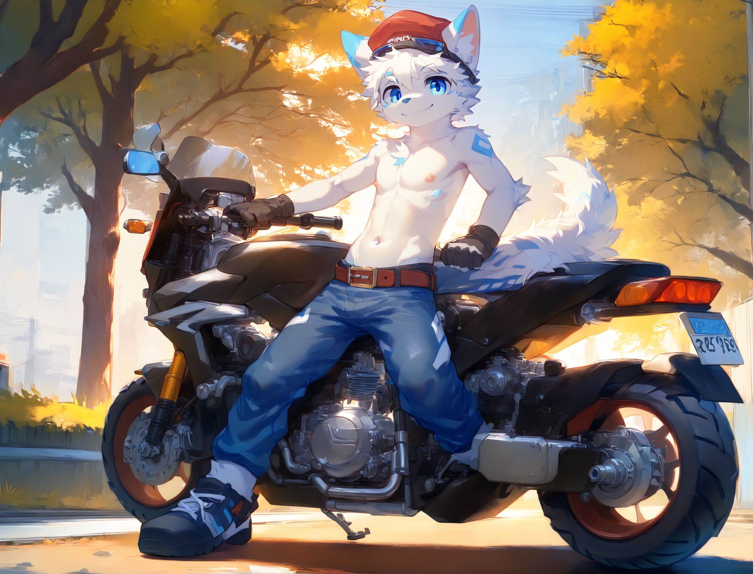motor vehicle,ground vehicle,1boy,furry,male focus,solo,blue eyes,animal ears,outdoors,tail,motorcycle,hat,furry male,tree,gloves,pants,looking at viewer,smile,belt,white fur,navel,topless male,nipples,blue pants,white hair,red headwear,body fur,