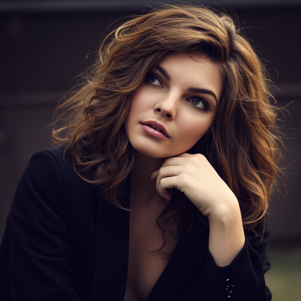A portrait camren_bicondova captured in a side profile. She has long, wavy brown hair and striking blue eyes. She wears a black blazer, and her pose is contemplative, with one hand resting on her chin. The blurred background emphasizes the subject. Soft lighting casts a warm glow on her face and hair, creating a serene and introspective mood.