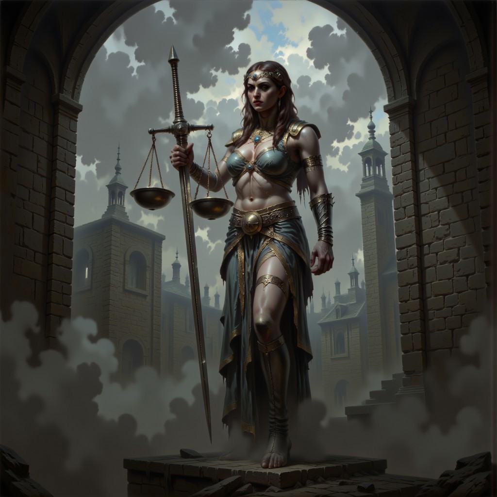 DFOP-V3.0 style dark fantasy oil painting that features The scales of justice,  symbol of justice,  mythology and religion...