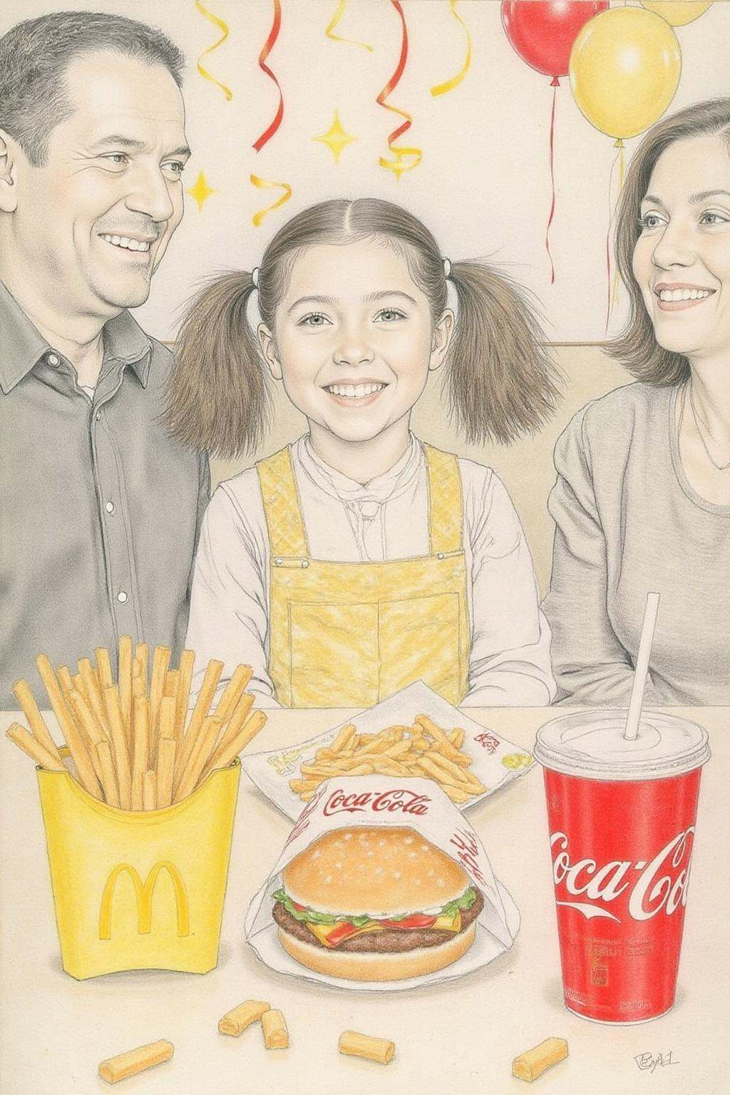 hansho1 monochromatic pencil drawing,  A four-year-old girl with twin pigtails is celebrating her birthday at McDonald's,...