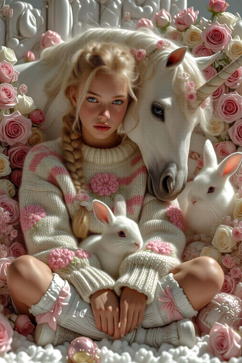 midjourneymix10q photographA Swedish teenager with long braided blonde hair is sitting on a plush,  white,  and fluffy sur...