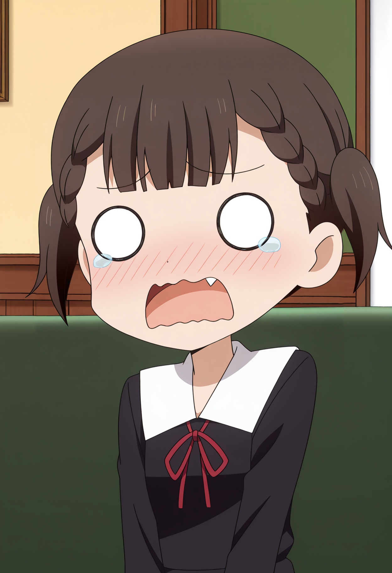 <lora:Shijiyou Maki_illustrious-000020:1>,1girl,solo,Shijiyou Maki,solo,school uniform,red ribbon,black dress,dress,neck ribbon,ribbon,blush,open mouth,wavy mouth,fang,long sleeves,collared dress,braid,indoors,chibi,o_o,upper body,tears,couch,anime screencap,