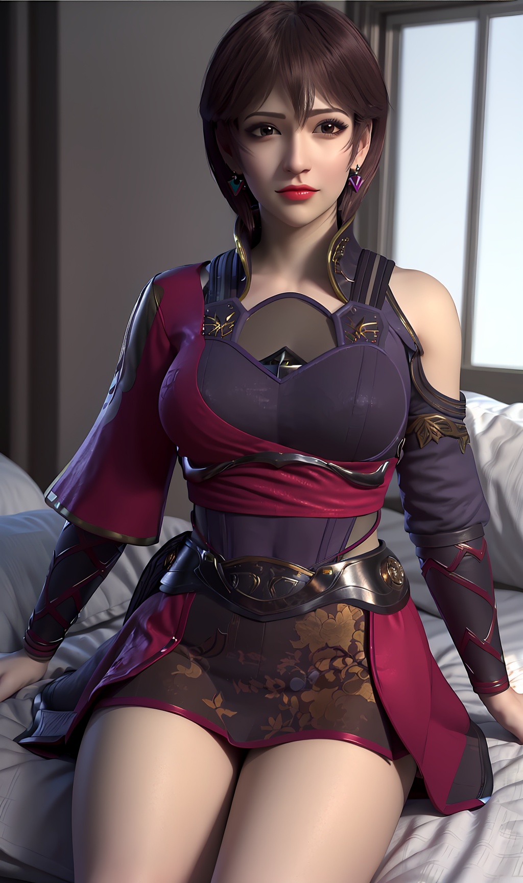 3D,masterpiece,(best quality),(makeup),official art, extremely detailed cg 8k wallpaper,((crystalstexture skin)), (extremely delicate and beautiful),(highly detailed),(face),(collar),(1girl), (solo), (jewelry), (earrings),(brown_hair),(short_hair),(hair_ornament),(handwear),(breasts),(sitting),((upper_body)),(closed_mouth),(city,indoor,bed),(dress),(shorts_skirt),(asymmetrical_clothes),(multicolored_clothes),(multicolored_dress),,(shiny_clothes),,(thighs),,((looking_at_viewer)),((Facing the camera)),, <lora:hipoly3DModelLora_v10:0.3>