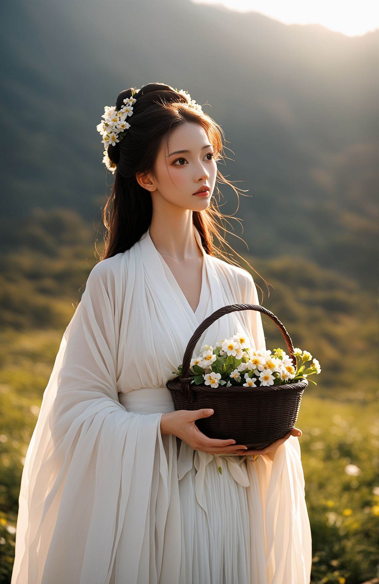 score_9,score_8_up,score_7_up,score_6_up,score_5_up,hanfu, On Mount Olympus, which is full of divinity, a Chinese girl wearing a white Hanfu gently passes by, holding a basket full of beautiful flowers in her hands. In the bright sunshine, her hair is fluttering, exuding remarkable beauty.