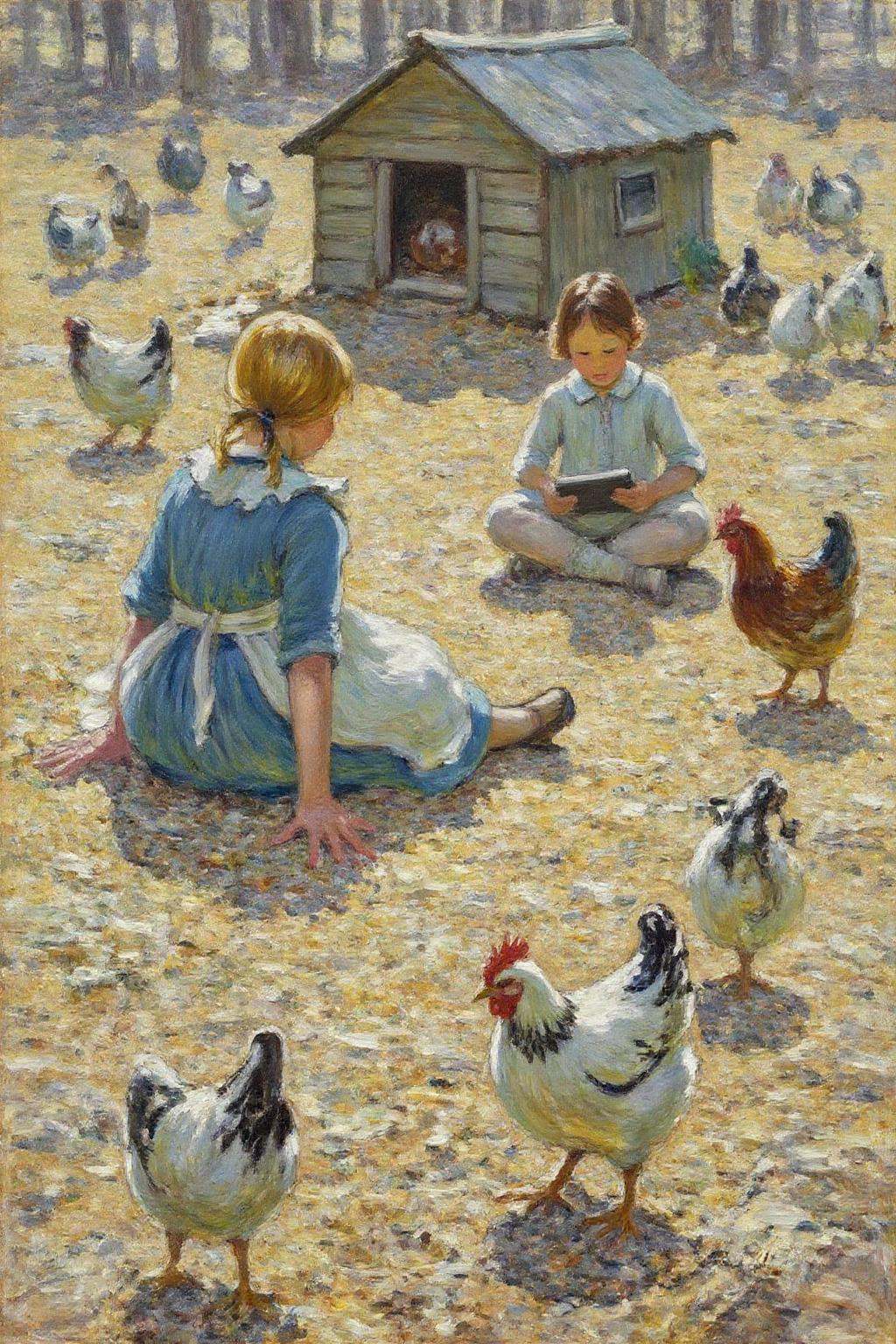 dorotheasharp1 painting. helenmcnicoll2. A sunny farmyard filled with chickens roaming on straw-covered ground. In the for...