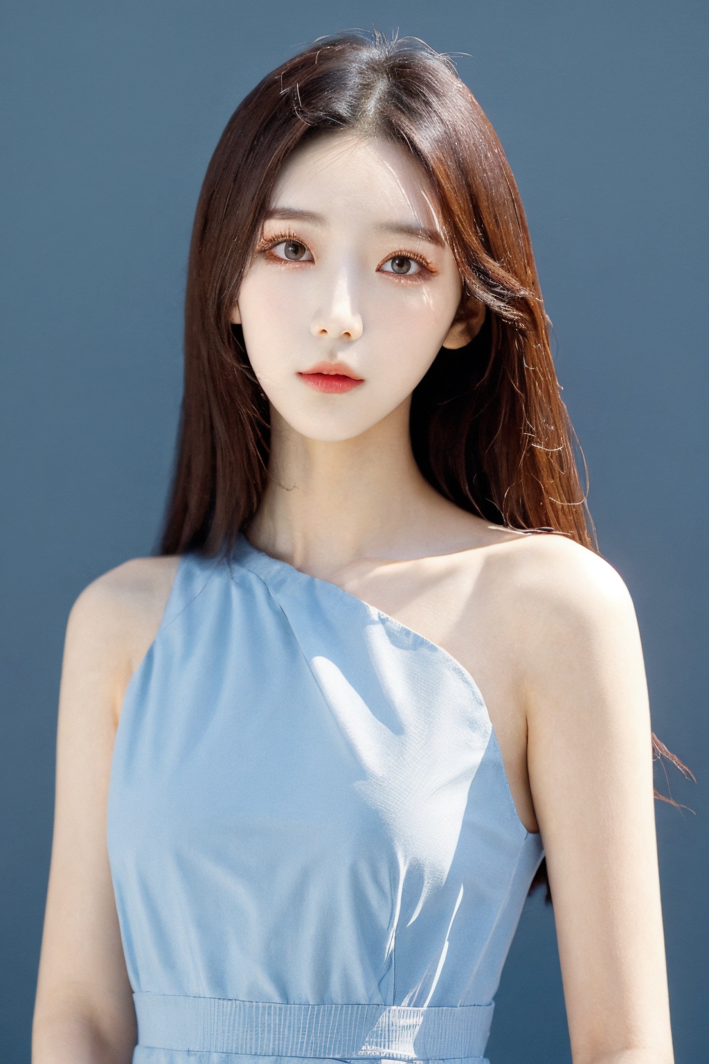 girl, upper body, looking at viewer, dress, simple background, <lora:AgainChangeFaceLora:1>