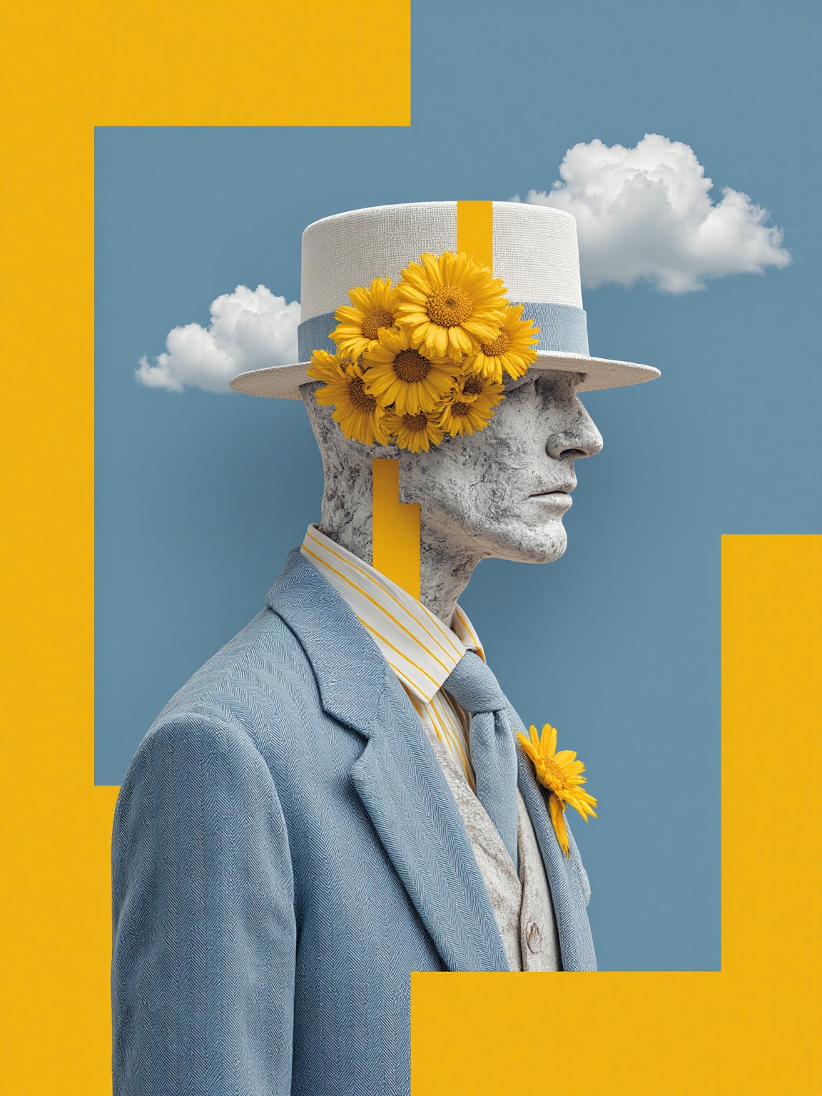 Business creativity,  Business creativity,  A surrealistic digital artwork featuring a stone bust of a man wearing a white...