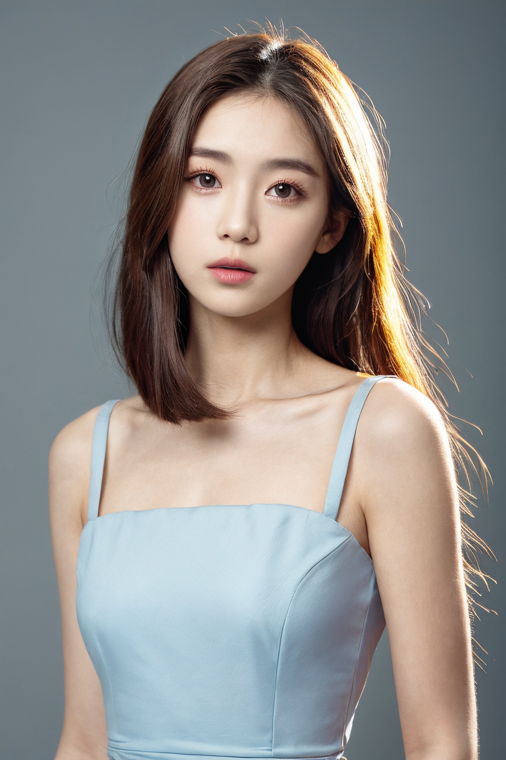 girl, upper body, looking at viewer, dress, simple background, <lora:AgainChangeFaceLora:-1>