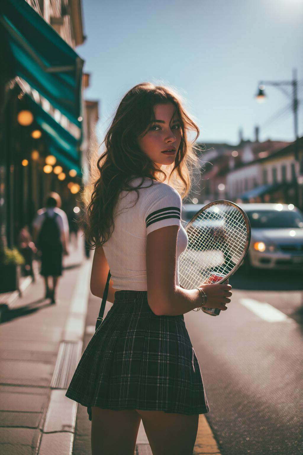 midjourneymix10q photograph.A young European woman stands on a street,  her back to the viewer,  carrying a tennis racket...