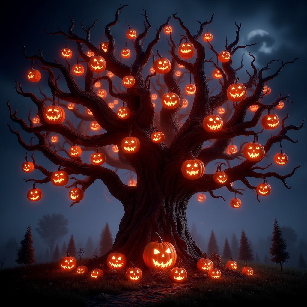 cinematic film still professional 3d model The Enchanted Jack-o'-Lantern TreeConcept: A large,  magical tree with twisted...