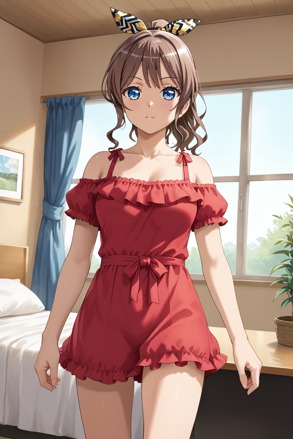 1girl,   Yamabuki Saaya, bangs, blue eyes,brown hair, ribbon,hair ribbon,ponytail<lora:saaya:0.8>